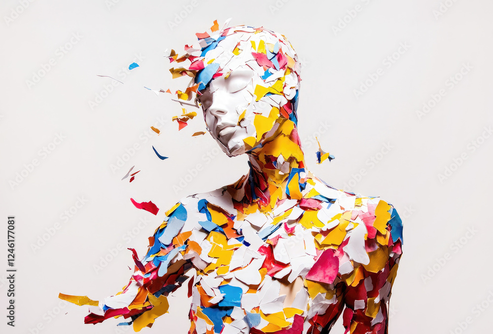 Poster mannequin covered in vibrant, fragmented paper pieces creates dynamic and chaotic visual effect. col