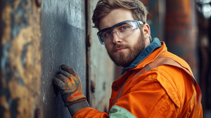 An industrial worker with a beard inspects machinery while wearing safety gear, focused on his maintenance work in a factory