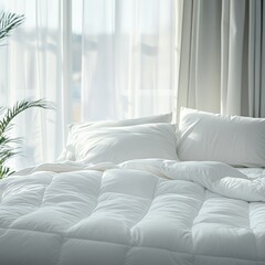 Cozy white bedding in soft natural light.