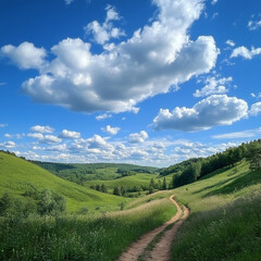 fairytale forest paths green hills against a blue sky with clouds