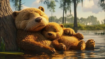 Otters sleeping peacefully by swamp riverbank at sunrise