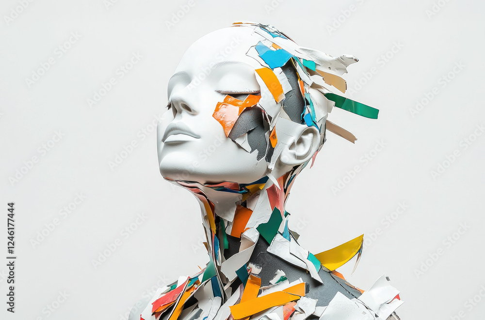 Poster white mannequin with fragmented colorful paper pieces on its surface, creating chaotic yet vibrant a