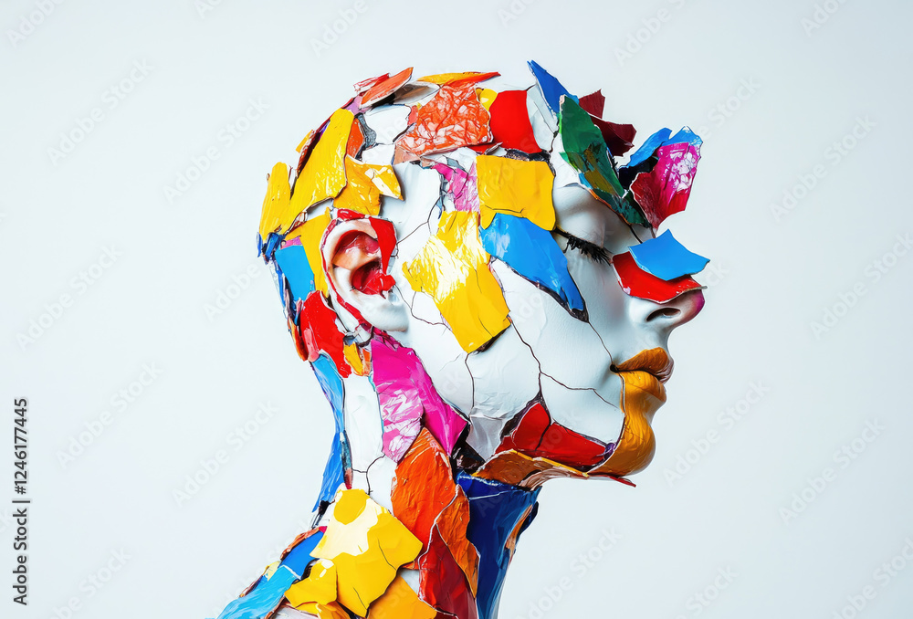 Poster mannequin head is covered in vibrant, fragmented pieces, creating chaotic yet artistic expression. c