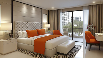 Luxury hotel room with elegant decor and modern city view