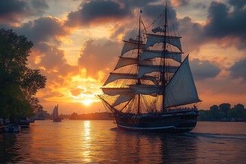 Obraz premium Yacht in the sea at sunset