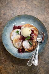 Fluffy Pancakes with Cherries and Ice Cream