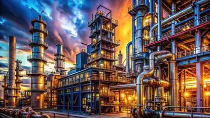 Fototapeta premium Abstract oil refinery exterior; tubes of vibrant color.