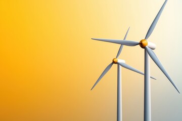 Fototapeta premium Two wind turbines stand against a gradient orange background, symbolizing renewable energy and the transition to sustainable power sources.