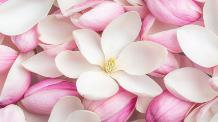 Fototapeta premium Fresh Magnolia Petals in Macro Shot Showcasing Pure White and Soft Pink Shades