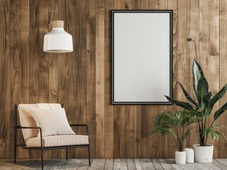A modern armchair with a white cushion. a potted plant and a blank poster frame on a wooden wall