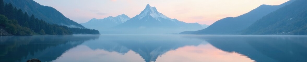 Obraz premium Misty mountain peak reflections in serene lake water, mist, calm, water reflection