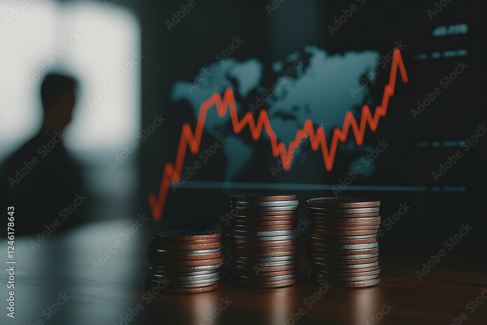 Poster stacks of coins in focus against a blurred background showing a fluctuating stock market graph on a 