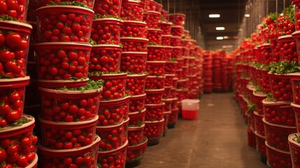 Fototapeta premium Abundant Fresh Red Tomatoes in Baskets Stacked in Warehouse