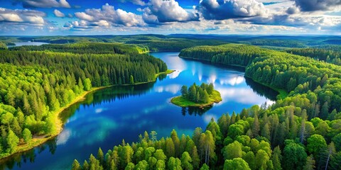 Naklejka premium Aerial: Azure lake nestled in a green Finnish forest.