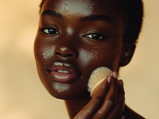 Radiant Young Black Woman Applying Skincare with Natural Glow