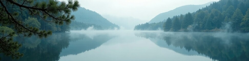 Fototapeta premium Misty lake reflection with pine branch Karpary, mist, nature, peaceful
