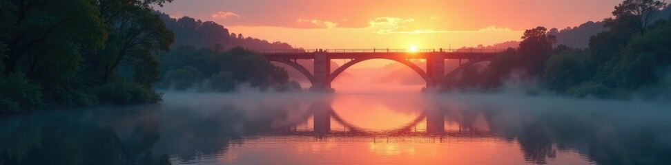 Obraz premium Misty dawn breaking on a river beneath a broken bridge, sunrise, river, peaceful