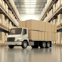 Naklejka premium Delivery truck in a warehouse environment.