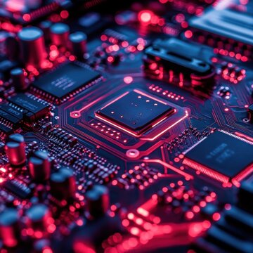Detailed electronic circuit board with lights.