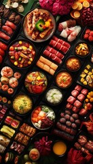 A vibrant array of Asian-inspired dishes, meticulously arranged in black containers.  A feast for the eyes!