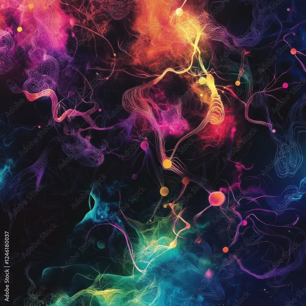 Poster scientific illustration showcasing the brain and nervous system with glowing neuron pathways and ele