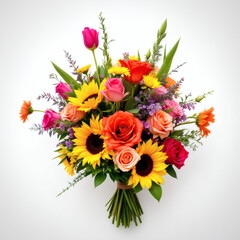 A stunning bouquet featuring sunflowers, tulips, and roses in pink, orange, and yellow hues, accented with green foliage. Perfect for weddings, gifts, or home decor.