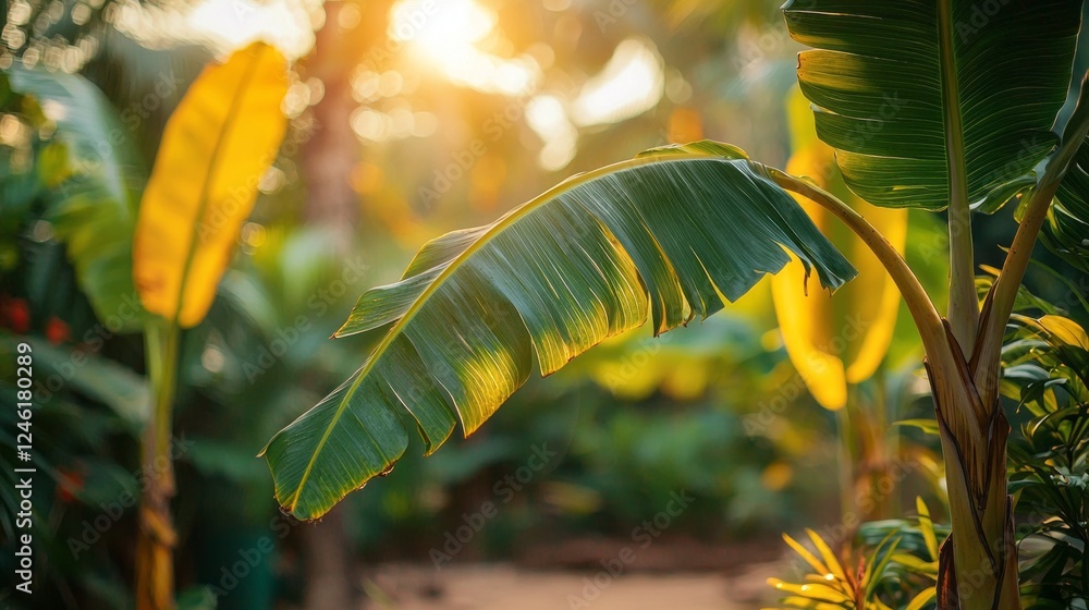 Poster rich, green banana leaves catch the warm glow of the setting sun in a tranquil tropical garden. the 