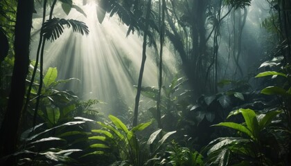 Dense Jungle with Mist and Sunbeams