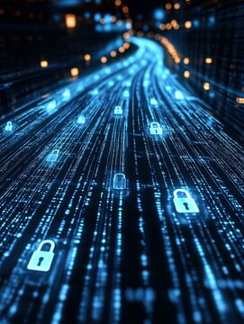 Binary code streams flow through cyberspace, secured by glowing digital padlocks, symbolizing data protection and cybersecurity
