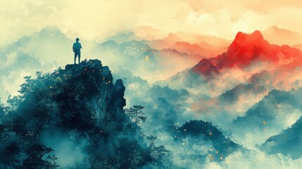 Fototapeta premium digital watercolor painting of a man standing on top of a mountain and looking at the landscape