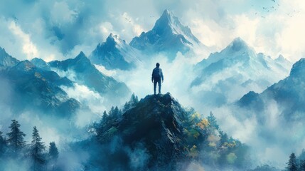 digital watercolor painting of a man standing on top of a mountain and looking at the landscape