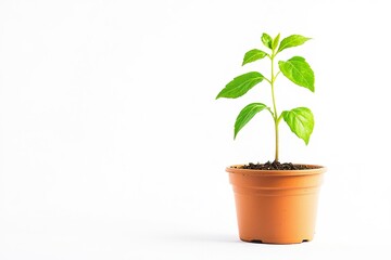 Obraz premium small pot from which sprouts a green stem and small green leaves placed in brown pot.