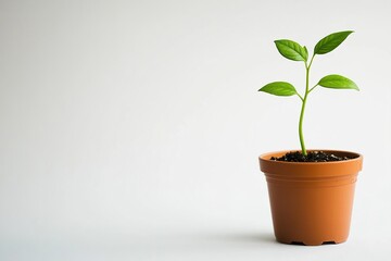 small pot from which sprouts a green stem, small green leaves and stems.