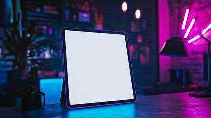 Gaming-inspired tablet setup with RGB lighting, showing a blank white screen for mock-up purposes