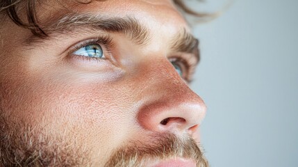 Obraz premium Man's hopeful gaze, close-up, studio shot, gray background, for advertising