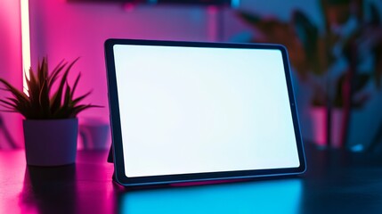 High-end tablet with a sleek frame, set in a gaming desk with vibrant RGB lighting, displaying a white screen