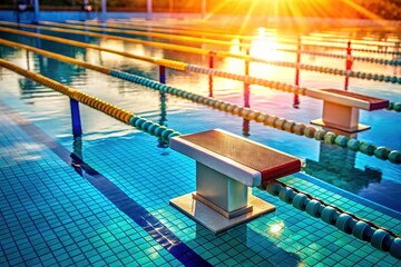 Obraz premium AI-powered photo essay: swimmers' poised readiness, pool starting blocks.