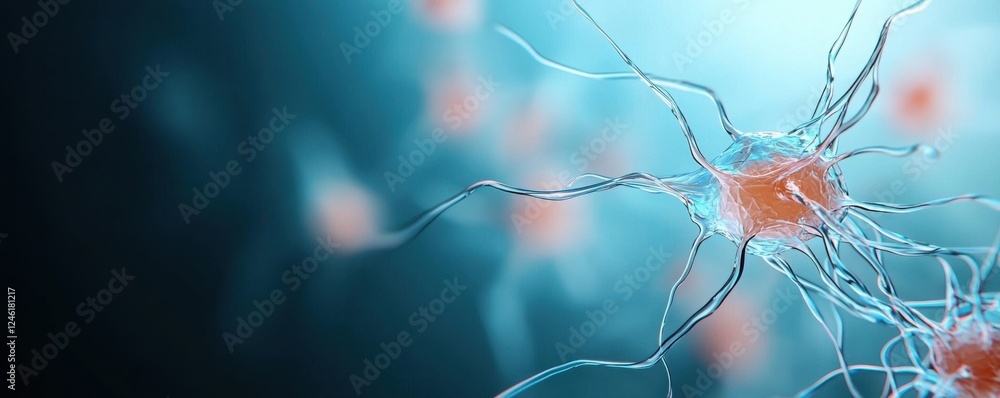 Poster the image showcases a close-up view of neurons, highlighting their intricate structures against a bl