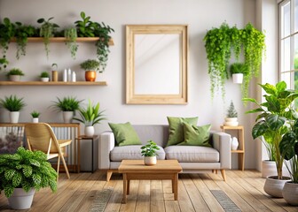 AI rendering: Empty framed wall, rustic farmhouse living room.