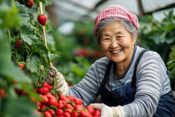 Cheerful elderly Asian woman harvesting strawberries in a greenhouse setting. Generative AI
