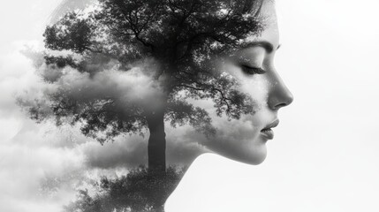 double exposure of a woman s face with a tree and clouds in the background