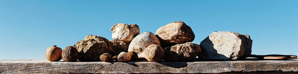 Rocks and Seed Pods on Wooden Surface