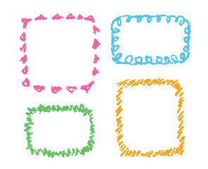 Crayon hand drawn design element, frame, copy space or background set. Pastel chalk or pencil grainy grunge texture. Vector cartoon scribbles template text banner. Kids style doodle art stroke