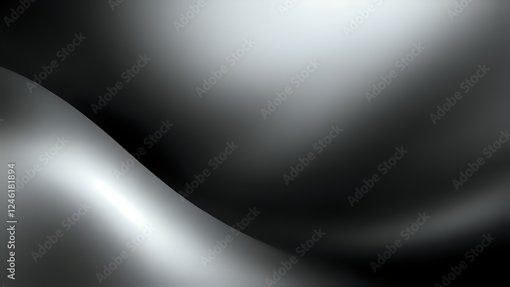 Poster abstract image of smooth, flowing metallic curves in shades of black and silver, creating a sleek an