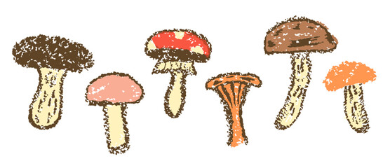 Hand drawn mushroom fungus set. Like kids crayon, pencil or pastel chalk cartoon art. Childlike vector doodle funny forest autumn wild food. Artistic, rough stroke simple style