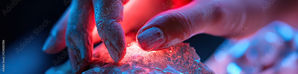 Poster fingers interacting with illuminated translucent object