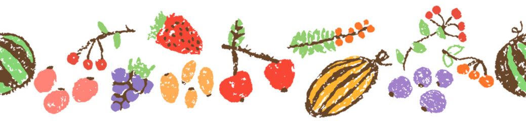Hand drawn fruit vegetables seamless border pattern. Healthy food background. Crayon like kid`s style colorful bright funny cartoon doodle frame. Vector pastel chalk or pencil childlike berries, melon