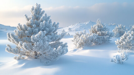 Snowy Winter Landscape Serene Frosty Pine Trees Peaceful Winter Wonderland Cold Season Scenery      