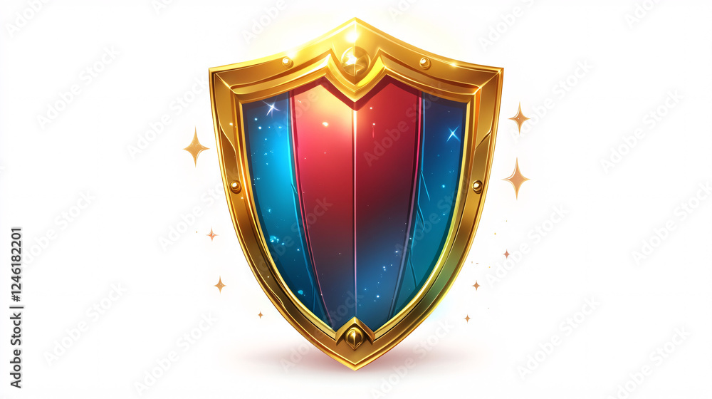 Poster a glowing shield with a golden frame and blue-red gradient design surrounded by sparkles symbolizing