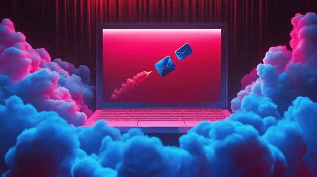 Abstract laptop movie theater with tocket launching off screen, Entrepreneurship concept. 3D Rendering